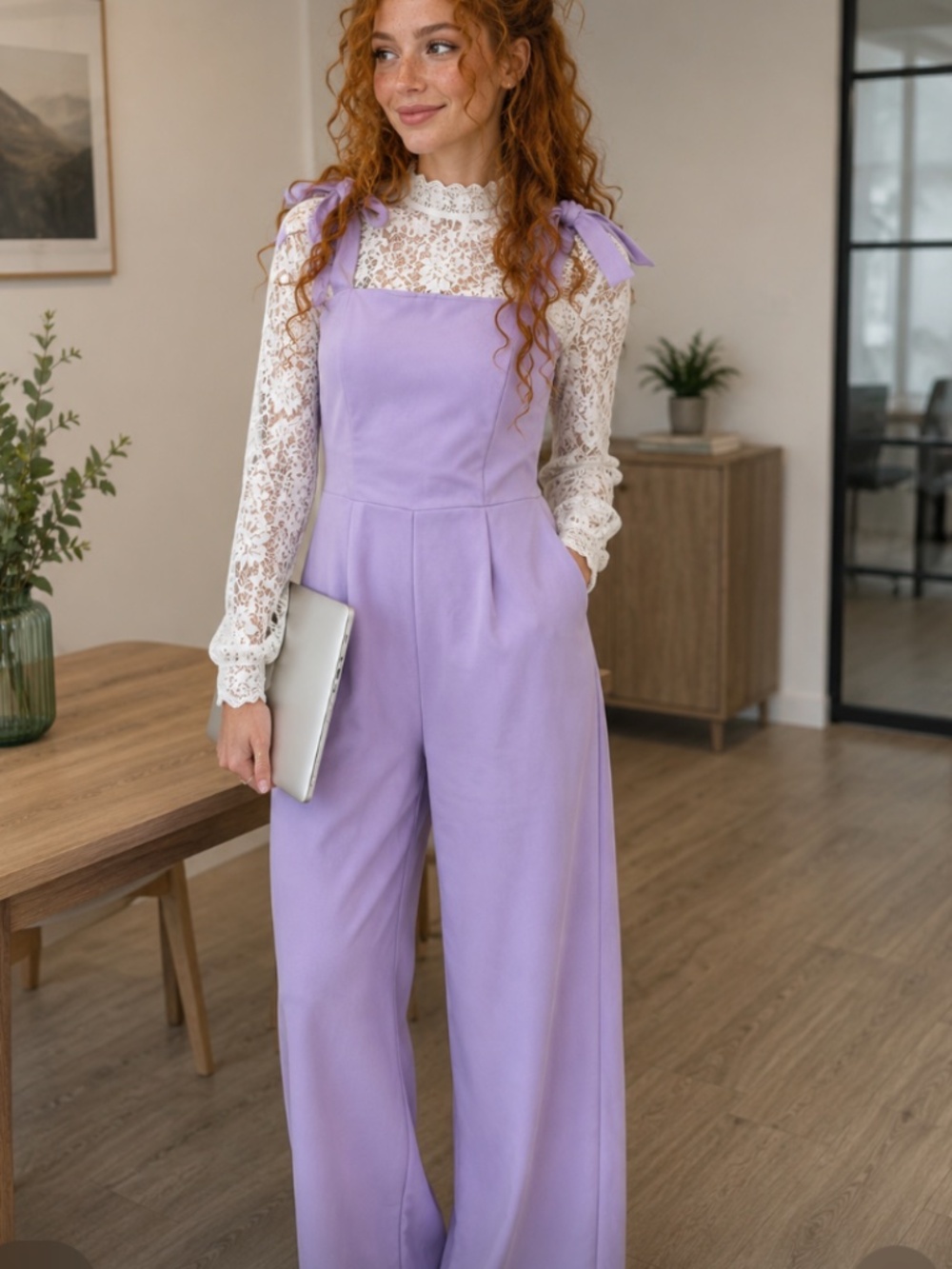 Women's Lavender Boho Chic Balletcore Tie-Shoulder Overalls size Small - Picture 3 of 7